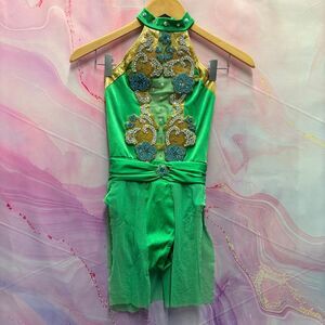 Green Beaded Dance Costume Leotard Rhinestone Ice Figure Skating Gymnast Twirler